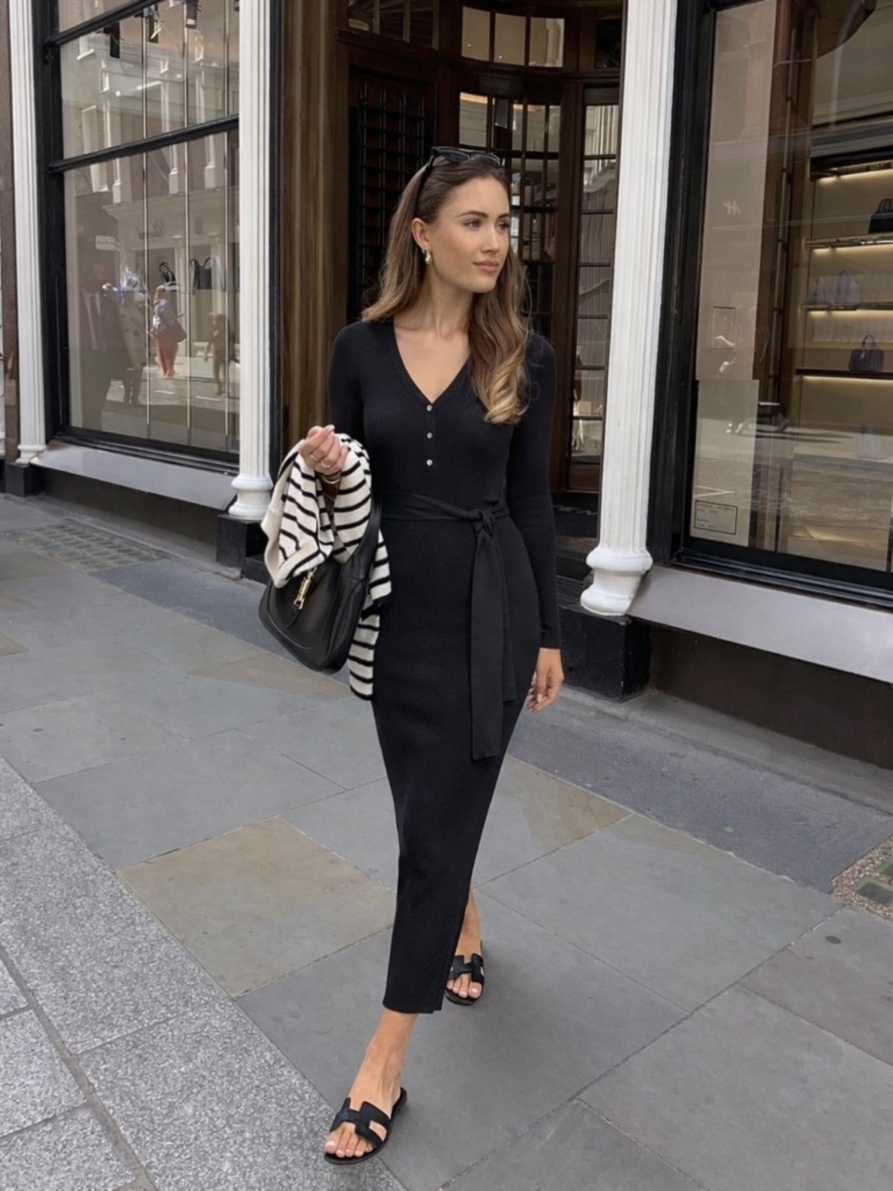Aritzia Babaton Merino Wool Henley Midi Dress Black Tie Waist Size S
